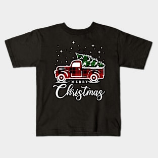 Merry Christmas Buffalo Truck Tree Red Plaid Kids T-Shirt